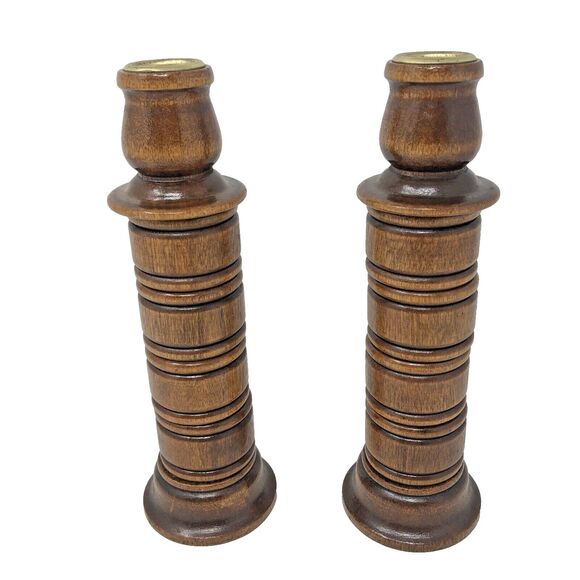 HOMCO Wooden Spool Candlestick Holders Brass Inserts Felted Bottom VTG Set of 2 - Picture 2 of 9